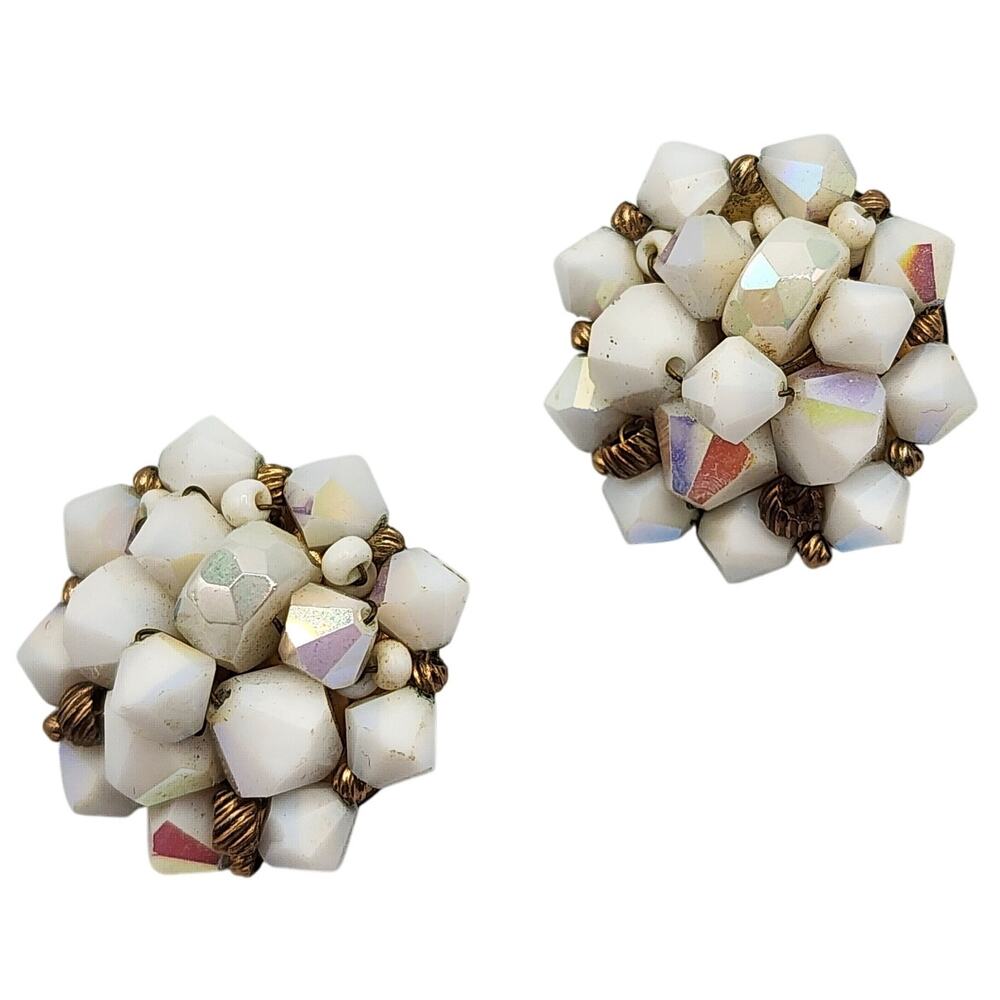 1950s Clip-On Earrings Vintage Aurora Borealis Milk Glass Hand-Wired Cluster